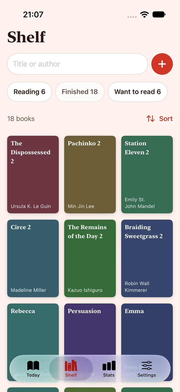 The Shelf screen with a grid of book covers