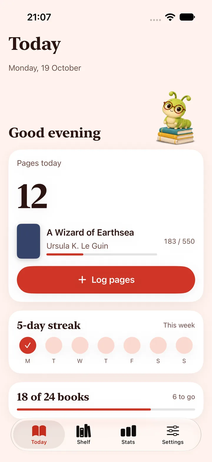 The Today screen showing pages read, the current book and a streak